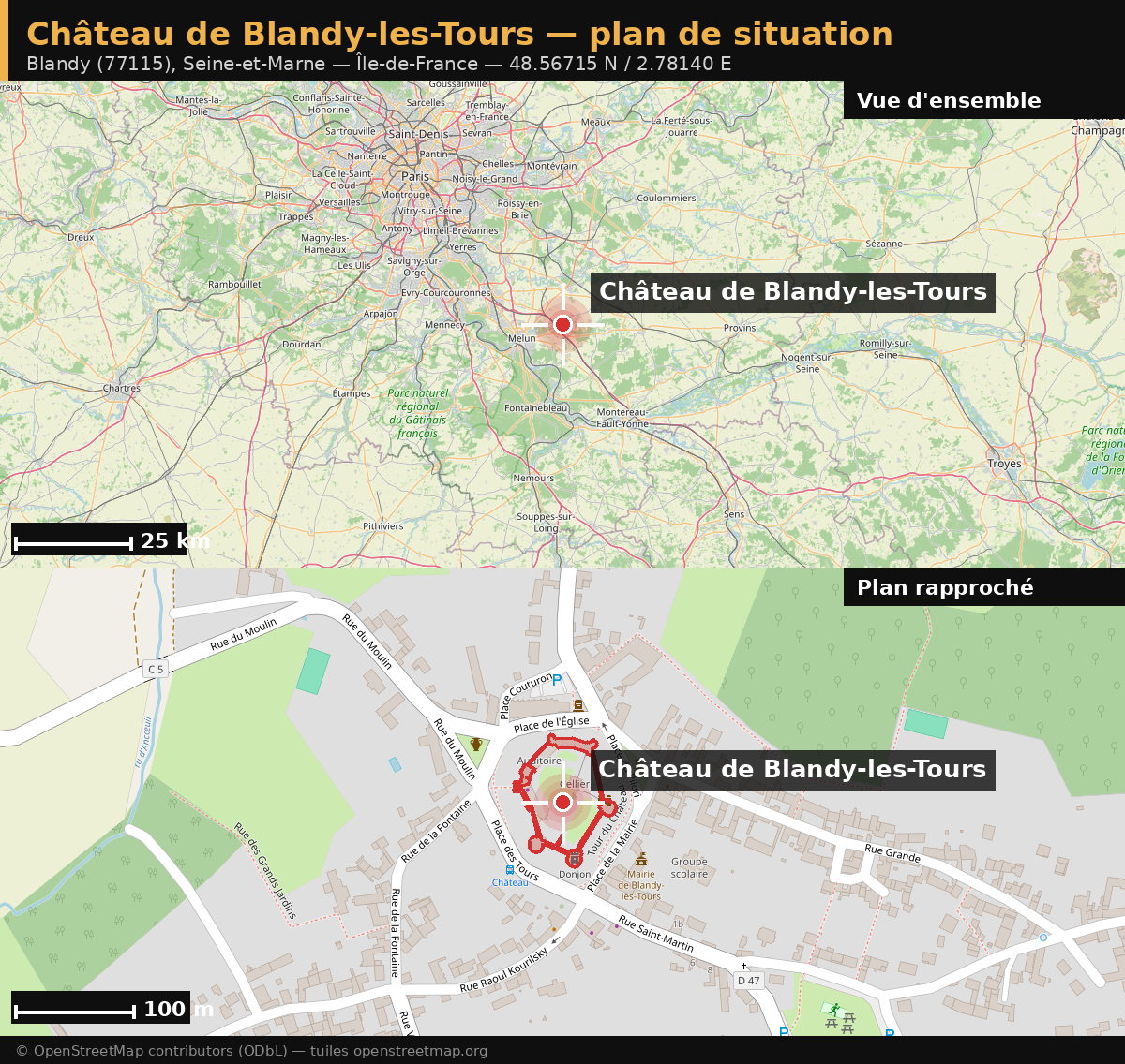 Plan de situation du château de Blandy-les-Tours : vue d'ensemble sur 25 km et plan rapproché sur 100 m