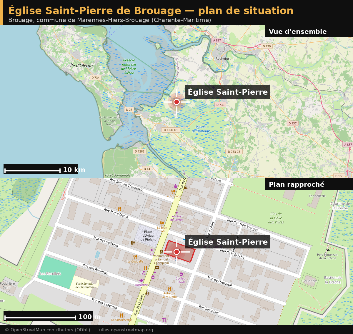 Plan de situation de l'église Saint-Pierre de Brouage : vue d'ensemble de la côte entre l'île d'Oléron et Rochefort, et plan rapproché du bourg fortifié