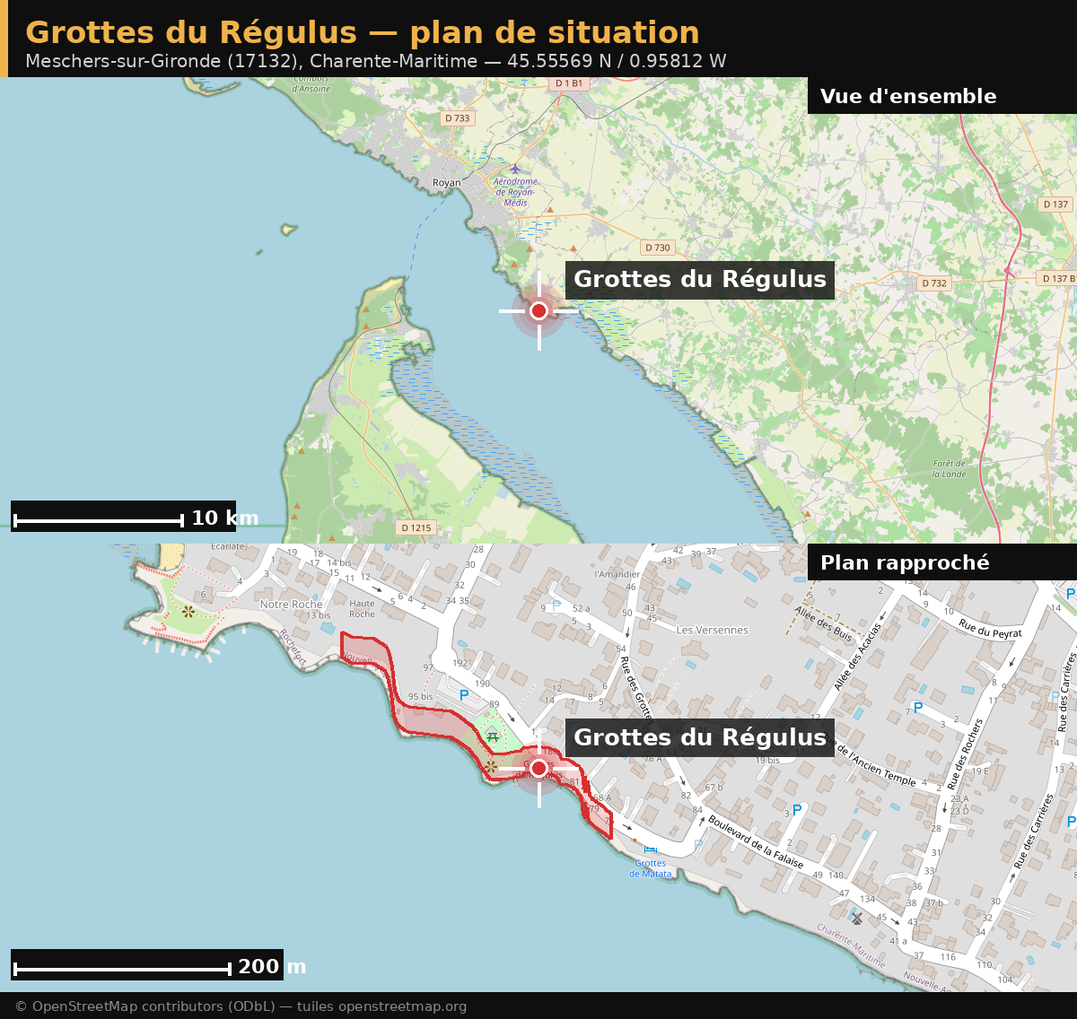 Plan de situation des grottes du Régulus à Meschers-sur-Gironde : vue d'ensemble de l'estuaire de la Gironde et plan rapproché de la falaise