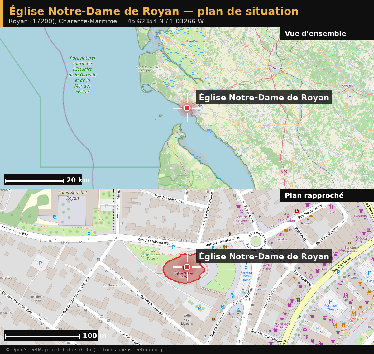 Plan de situation de l'église Notre-Dame de Royan : vue d'ensemble sur l'estuaire de la Gironde et plan rapproché sur 100 m
