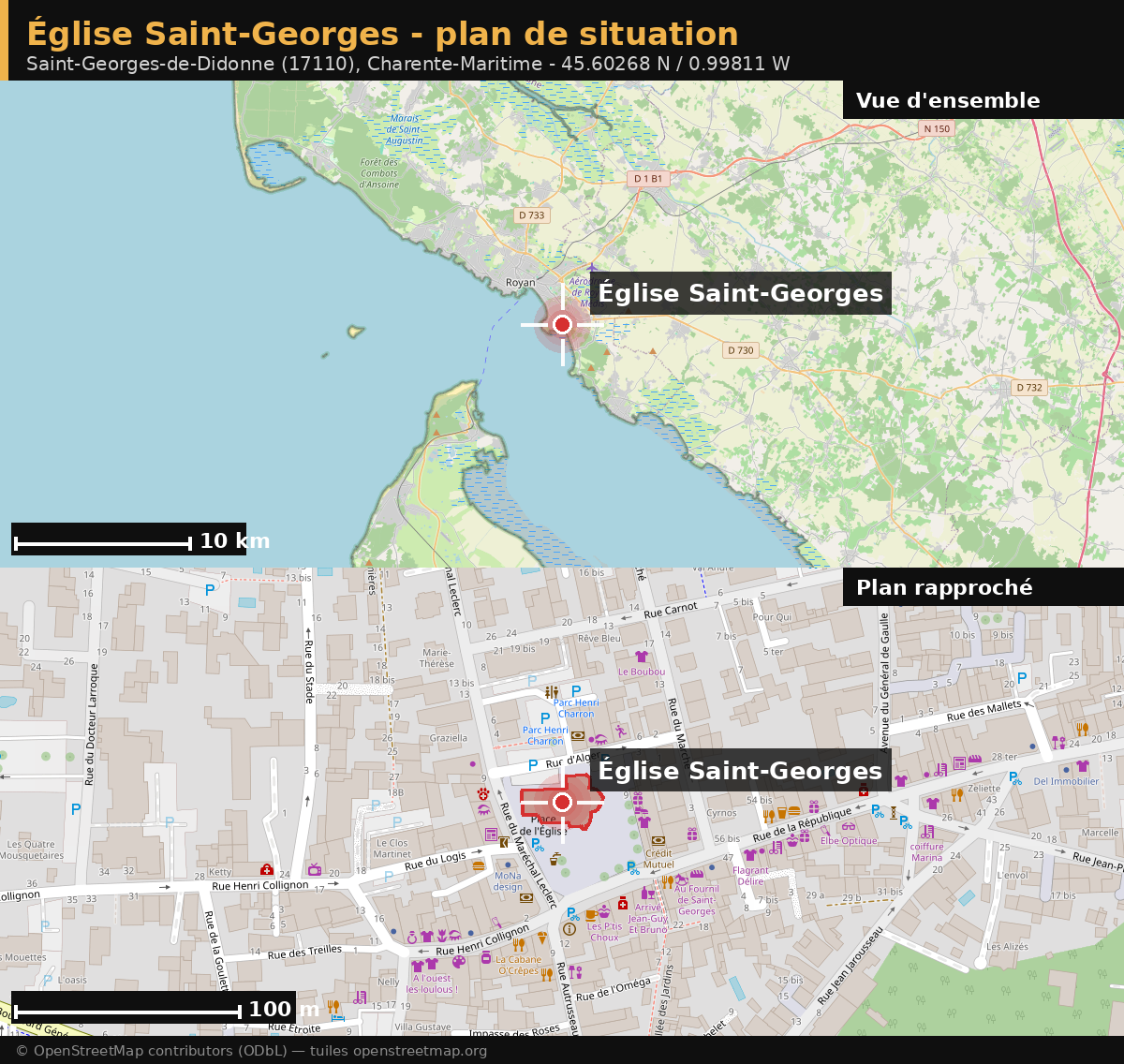 Plan de situation de l'église Saint-Georges à Saint-Georges-de-Didonne : vue d'ensemble de la côte de Beauté et de l'estuaire de la Gironde, et plan rapproché du bourg