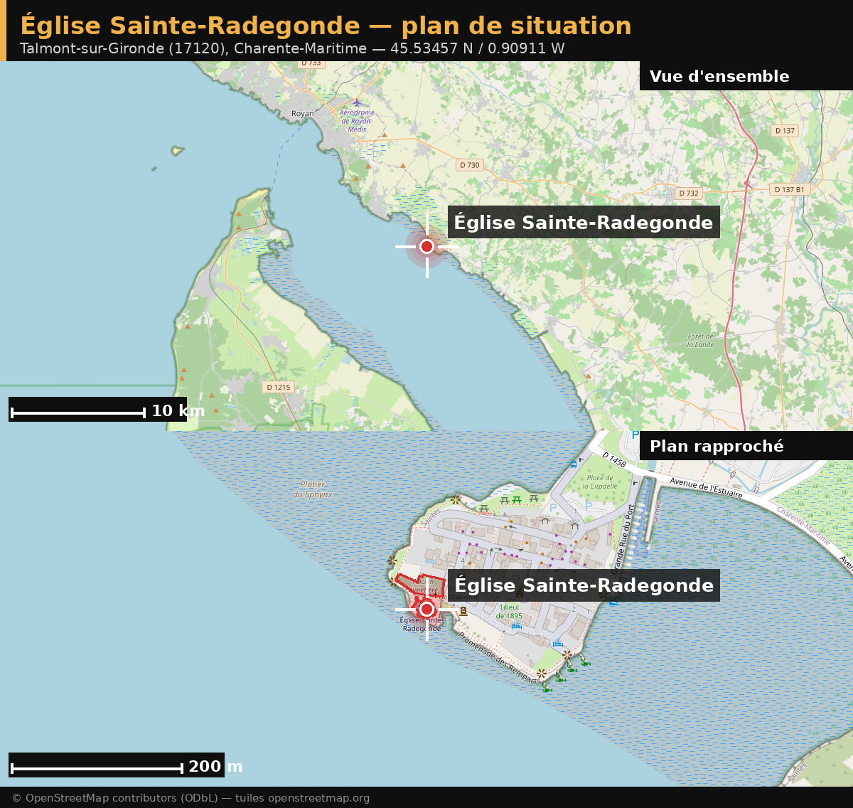 Plan de situation de l'église Sainte-Radegonde à Talmont-sur-Gironde : vue d'ensemble de l'estuaire de la Gironde et plan rapproché du promontoire