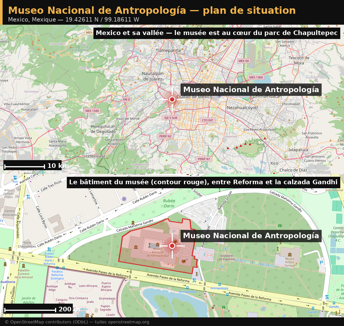 Plan de situation du Museo Nacional de Antropología à Mexico : vue d'ensemble de la ville et de sa vallée, et plan rapproché du musée dans le parc de Chapultepec